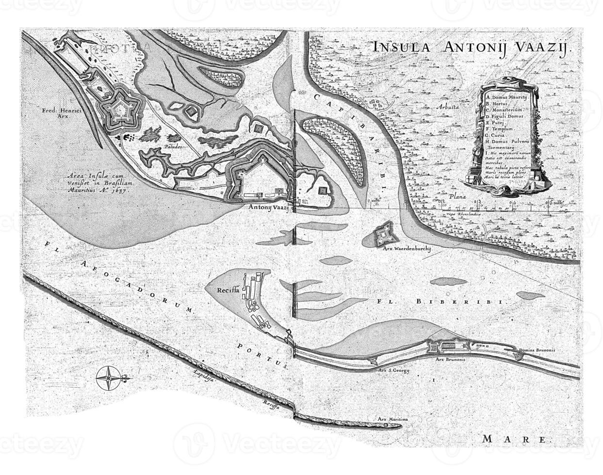 Map of the island of Antonio Vaz, c. 1636-1644, vintage illustration. photo