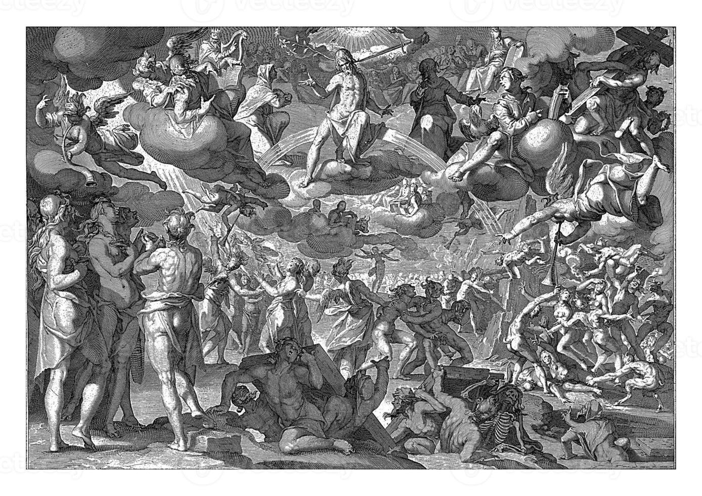 Last Judgment, Willem Isaacsz. van Swanenburg, after Joachim Wtewael, 1606, vintage illustration. photo