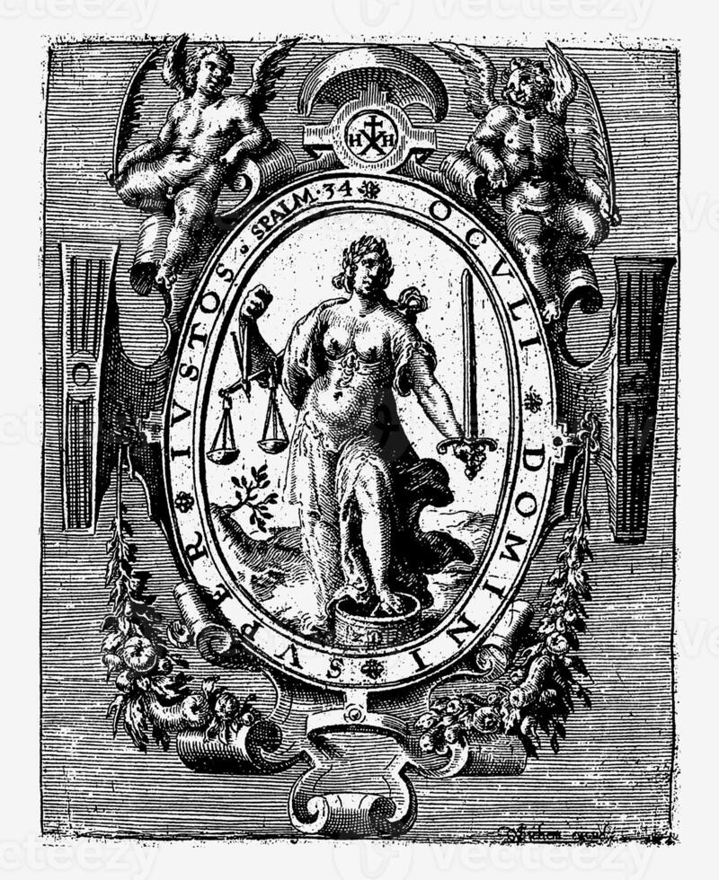 Title page for Thronus Justitiae, 1606, Zacharias Dolendo, 1606, vintage illustration. photo