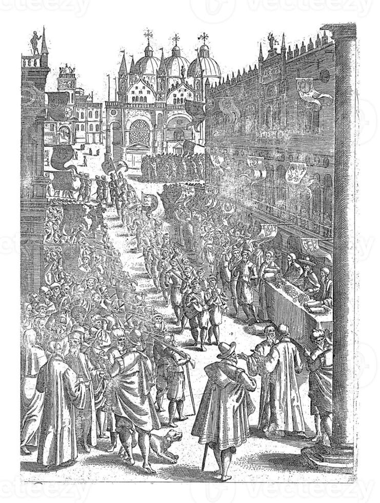 Procession on St. Mark's Square in Venice, anonymous, 1610, vintage illustration. photo