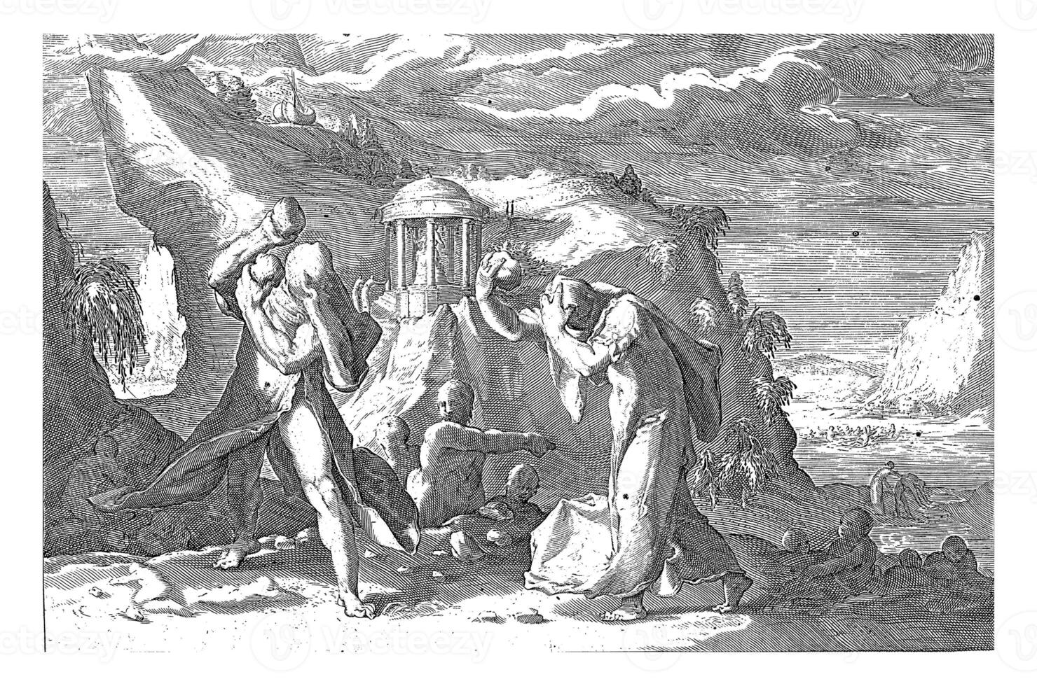 Deucalion and Pyrrha create a new human race, vintage illustration. photo