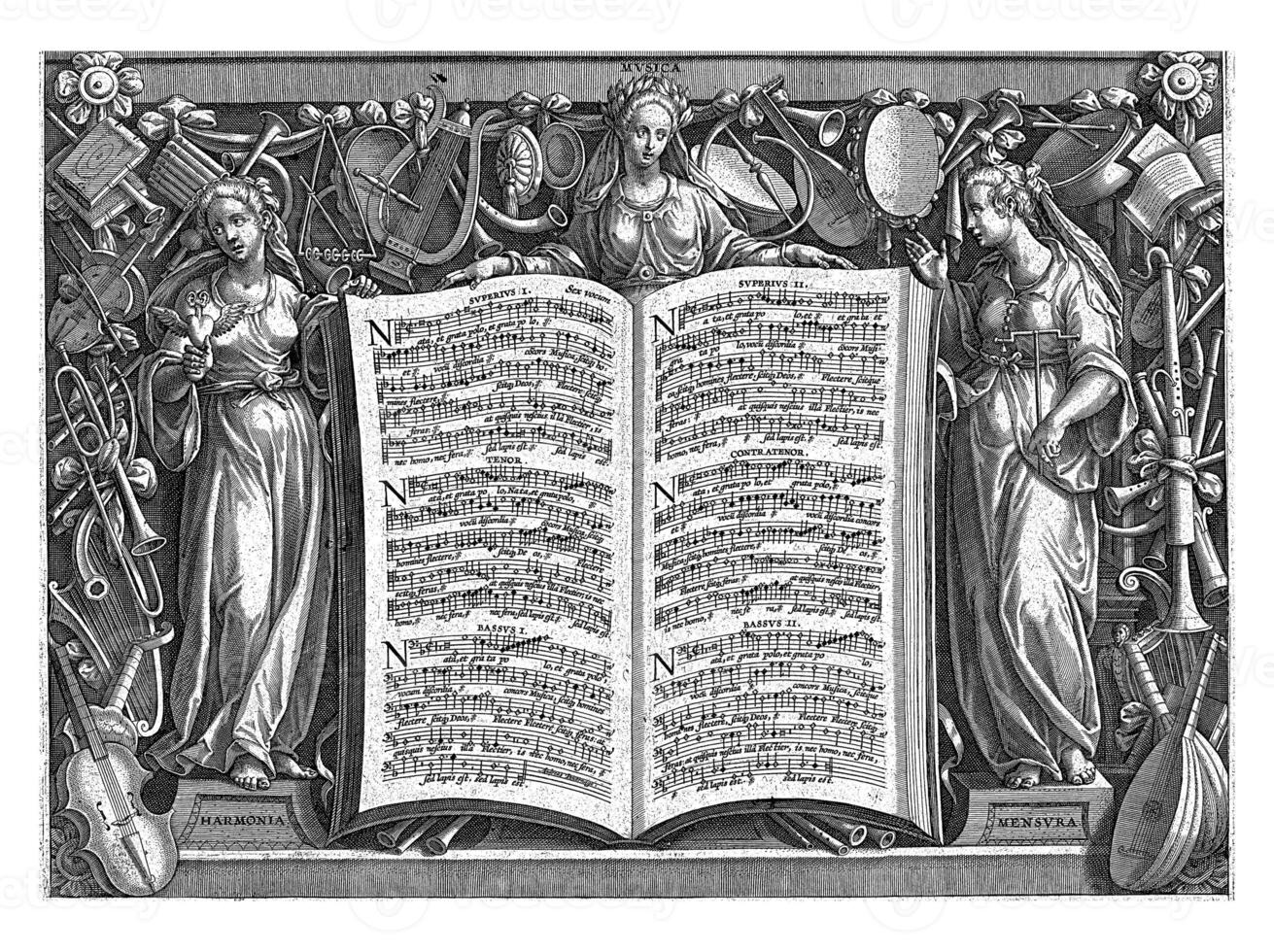 Allegory on the Praise of Music, Adriaen Collaert, vintage illustration. photo