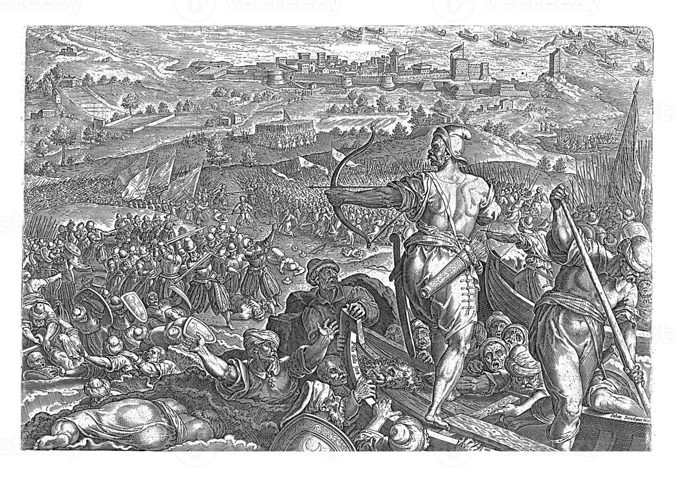 Defeat of the Turks at Piombino, Philips Galle, after Jan van der Straet, vintage illustration. photo