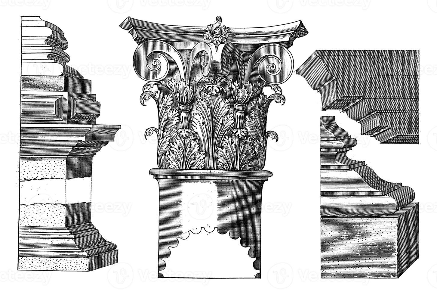 Corinthian capital and base, Hendrick Hondius I, vintage illustration. photo