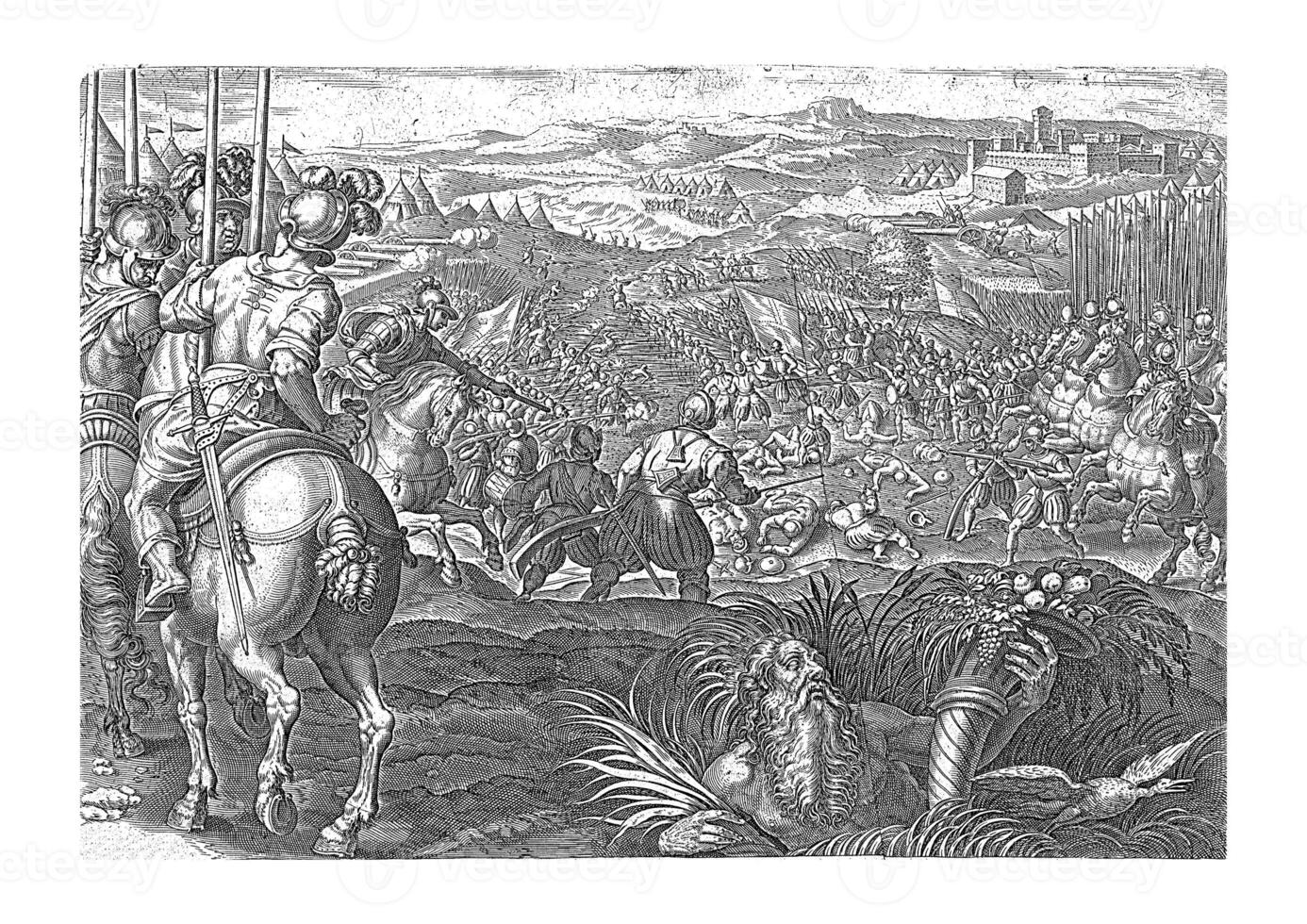 Battle of Marciano, Philips Galle, after Jan van der Straet, 1583, vintage illustration. photo