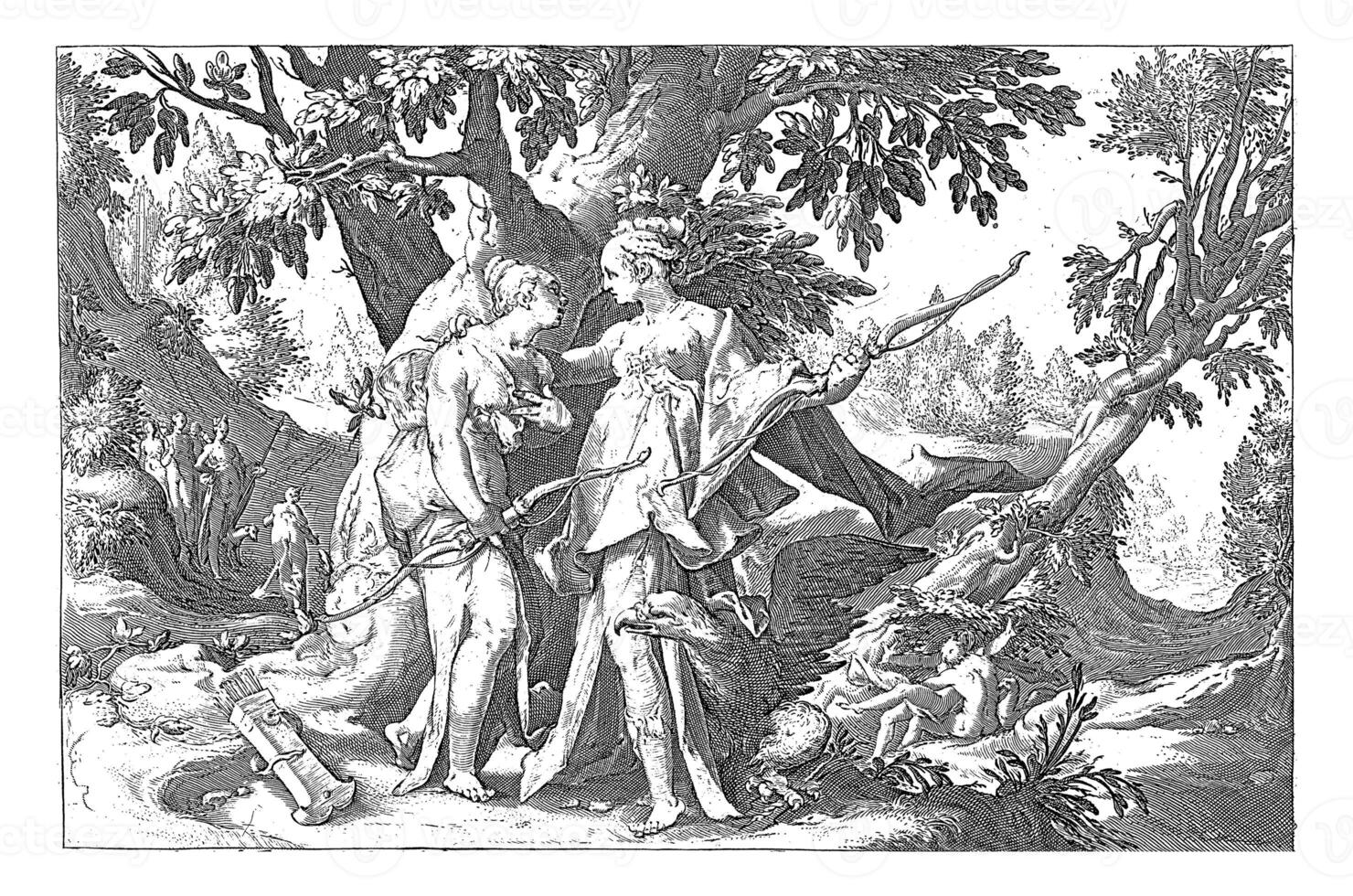 Jupiter seduces Callisto in the guise of Diana, vintage illustration. photo