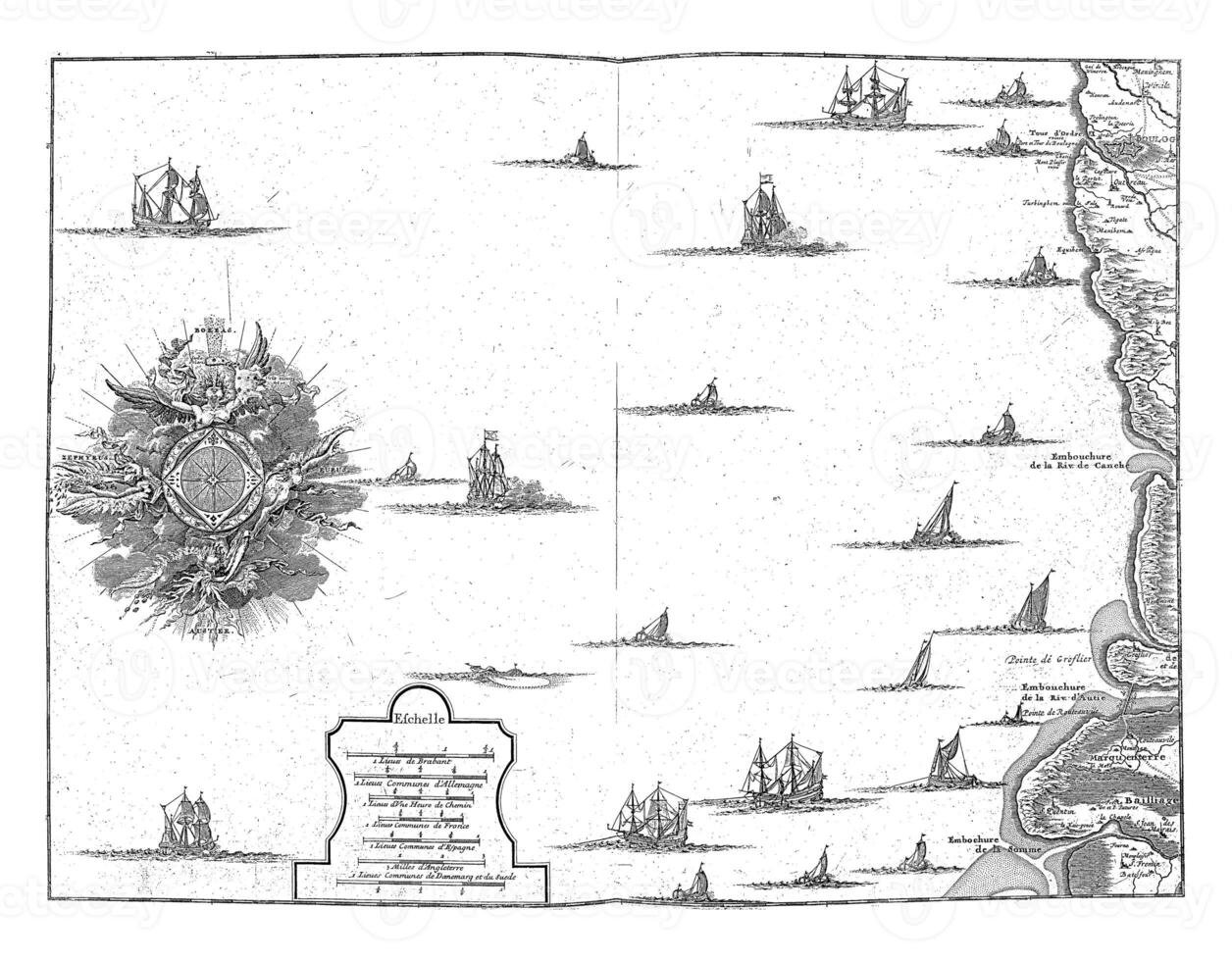 Map of the French coast at Boulogne and Picardy, vintage illustration. photo