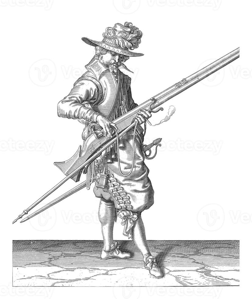 Soldier Giving the Wick on the Cock of His Musket the Right Place, vintage illustration. photo