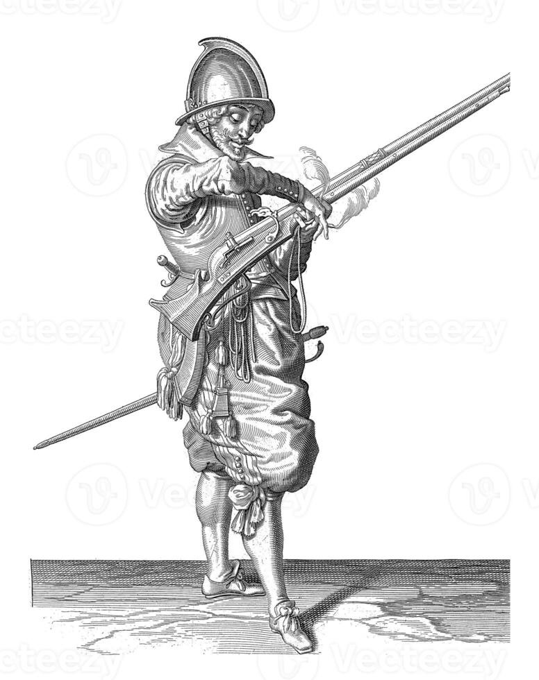 Soldier with a rudder transferring his fuse from his right to his left hand, vintage illustration. photo