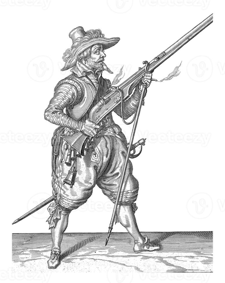 Soldier placing his furket under his musket, vintage illustration. photo