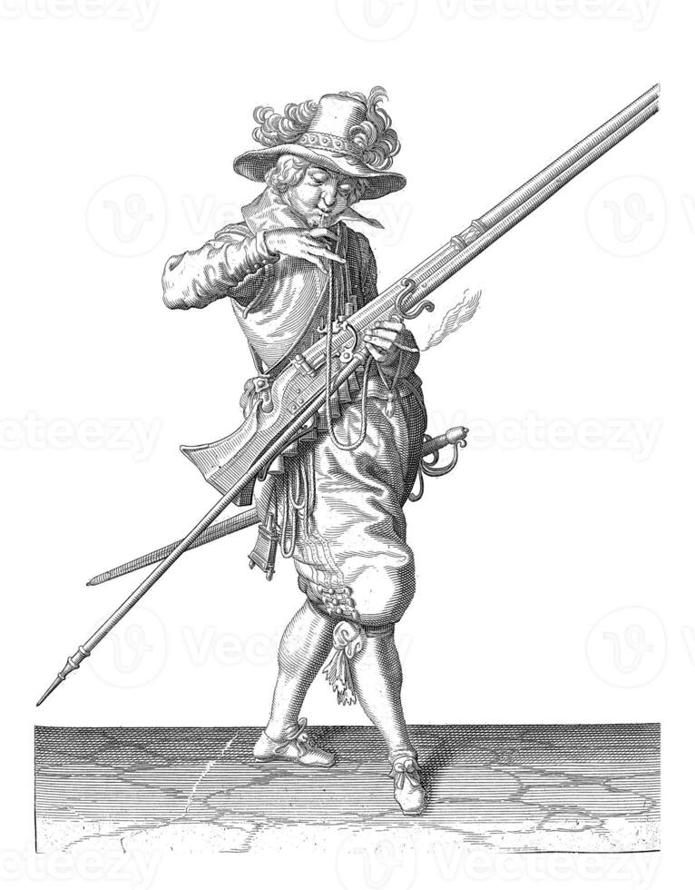 Soldier with a musket bringing his fuse to his mouth to blow it clean, vintage illustration. photo