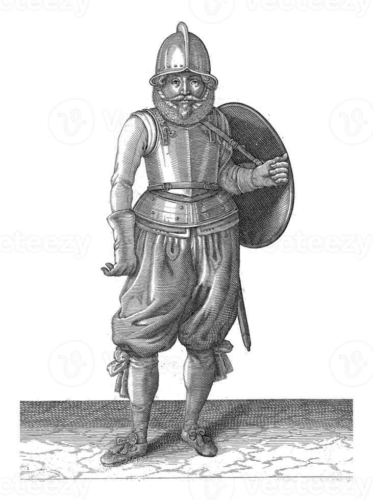 The exercise with shield and spear, Adam van Breen, 1616 - 1618, vintage illustration. photo