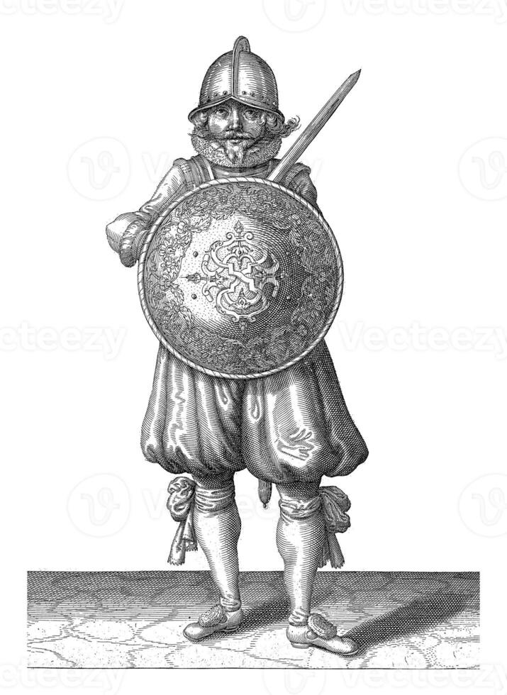 The exercise with shield and spear, Adam van Breen, 1616 - 1618, vintage illustration. photo