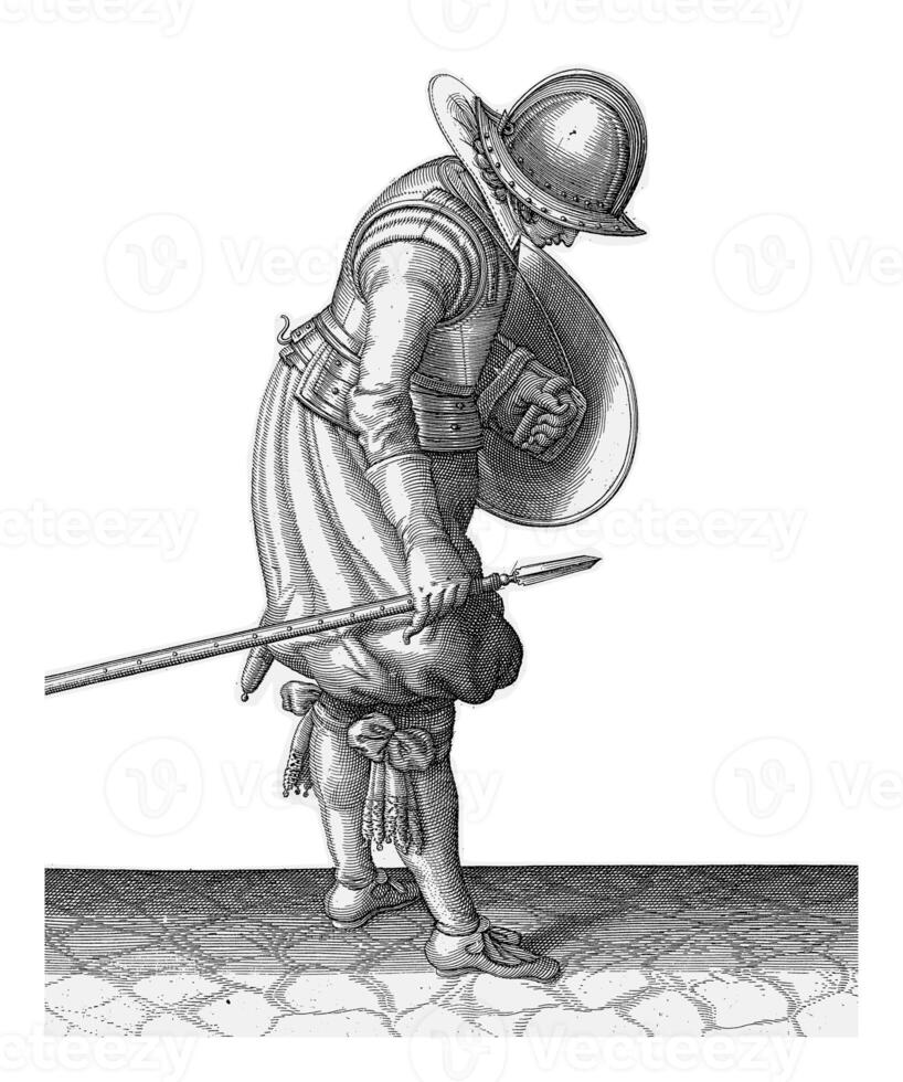 The exercise with shield and spear, Adam van Breen, 1616 - 1618, vintage illustration. photo