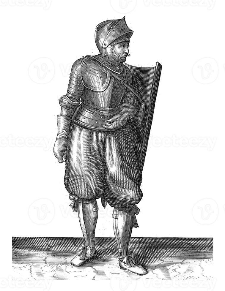 The exercise with the targe and rapier, Adam van Breen, 1616 - 1618, vintage illustration. photo