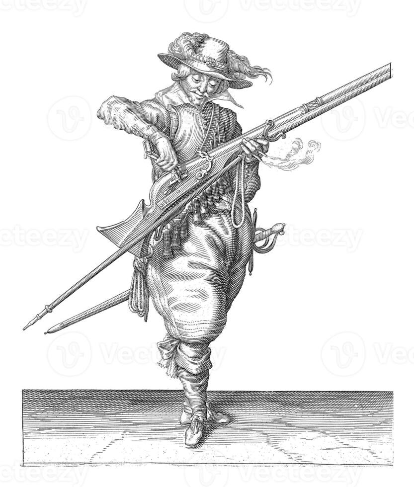 Soldier Pouring Gunpowder into the Pan of His Musket, vintage illustration. photo