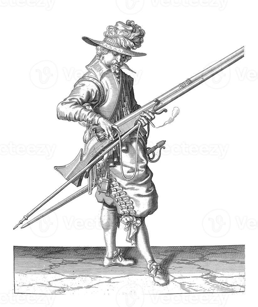 Soldier Giving the Wick on the Cock of His Musket, vintage illustration. photo