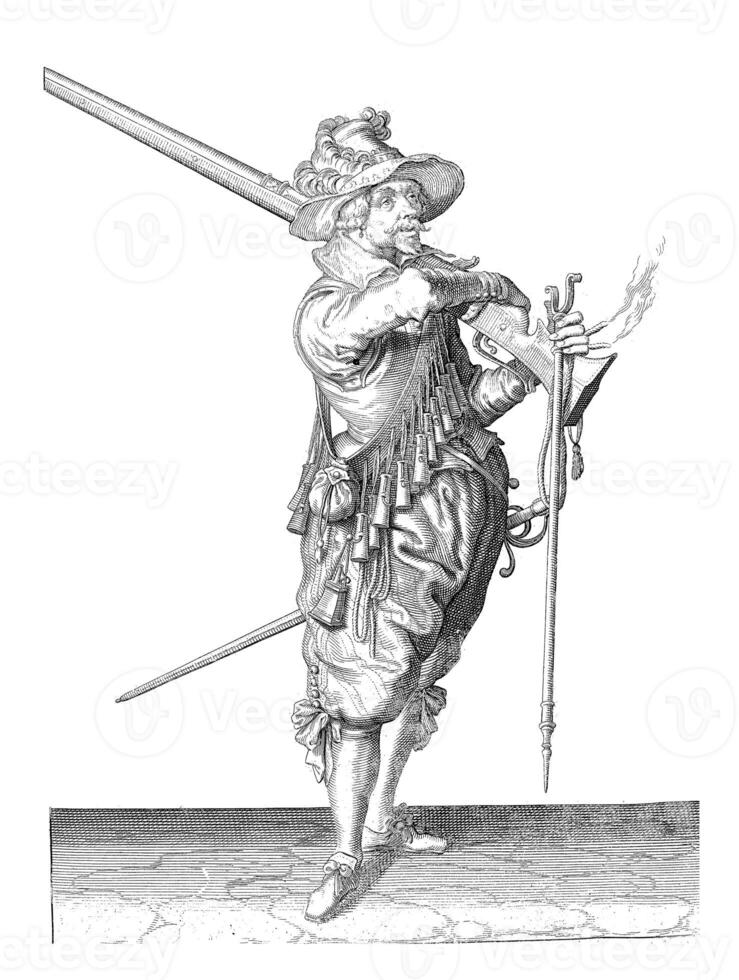 Soldier taking his musket off his shoulder, vintage illustration. photo