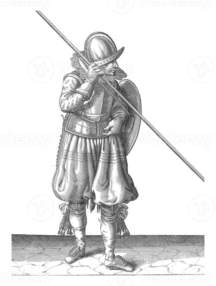 The exercise with shield and spear, Adam van Breen, 1616 - 1618, vintage illustration. photo