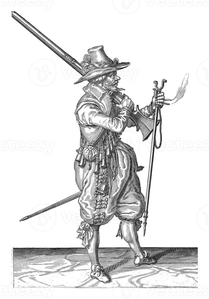 Soldier Placing His Musket with His Right Hand on His Shoulder, vintage illustration. photo