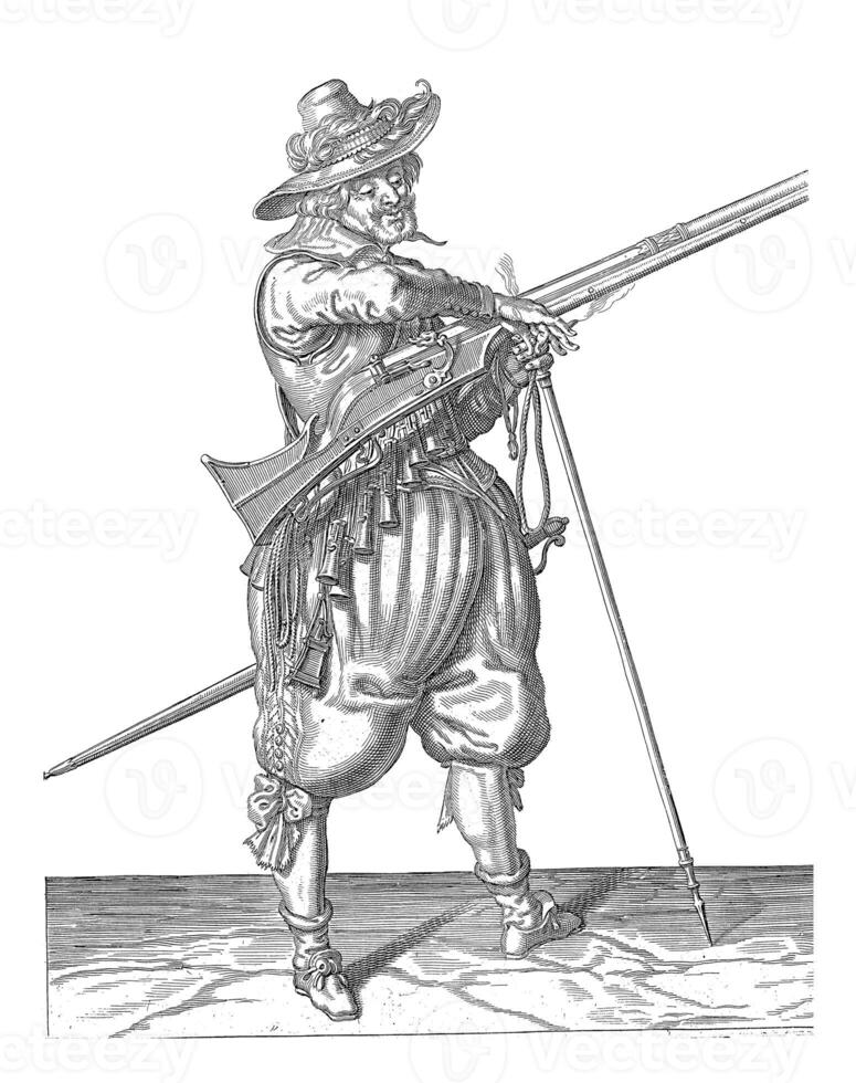 Soldier on Watch with a Musket Taking His Wick, vintage illustration. photo