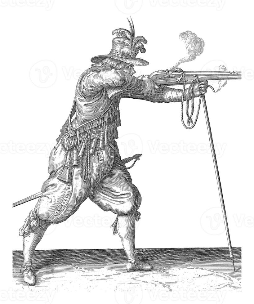 Soldier firing his musket, leaning on his furket, vintage illustration. photo