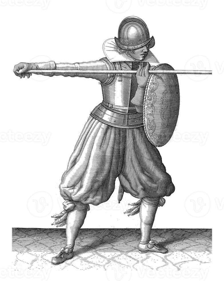 The exercise with shield and spear, Adam van Breen, 1616 - 1618, vintage illustration. photo