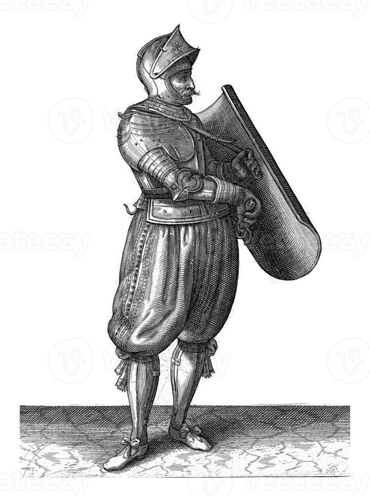 The exercise with the targe and rapier, Adam van Breen, 1616 - 1618, vintage illustration. photo