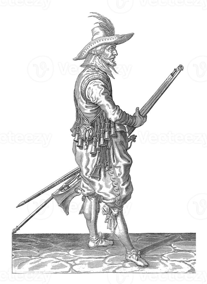 soldado participación su mosquete por su izquierda muslo con ambos manos, Clásico ilustración. foto