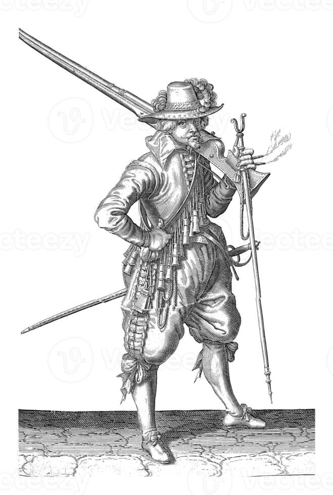 Soldier carrying his musket on his shoulder, vintage illustration. photo