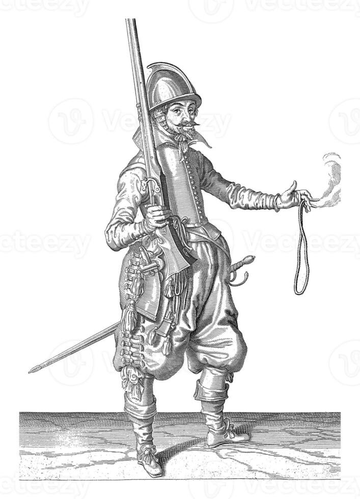 Soldier holding his rudder upright with his right hand, vintage illustration. photo