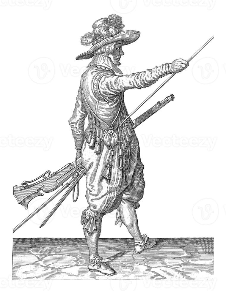 Soldier with a Musket Pushing His Right Hand to the End of His Ramrod, vintage illustration. photo
