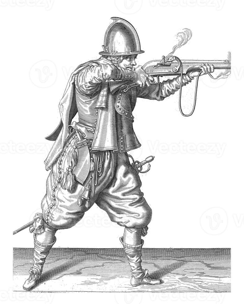 Soldier directs and fires the rudder, vintage illustration. photo