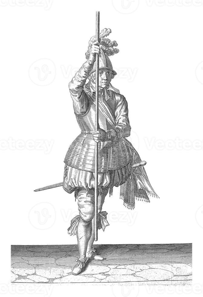 Soldier, viewed from the front, holding his spear, vintage illustration. photo