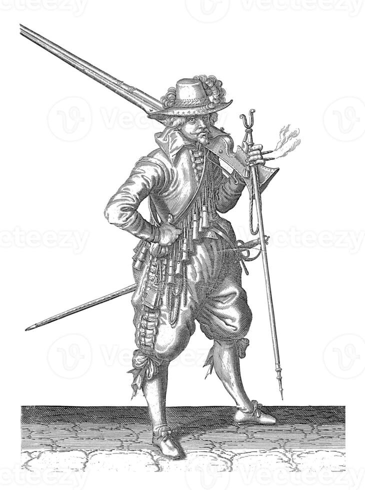 Soldier carrying his musket on his shoulder, vintage illustration. photo