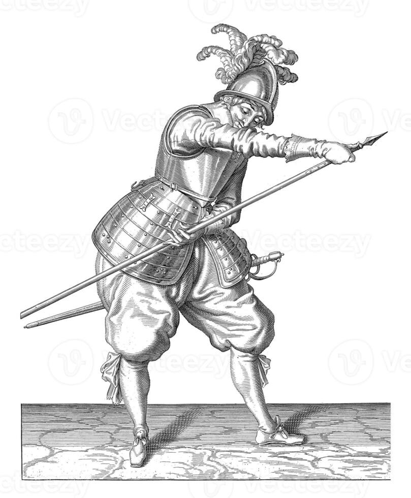 Soldier Sticking the Tip of His Skewer with His Right Hand, vintage illustration. photo