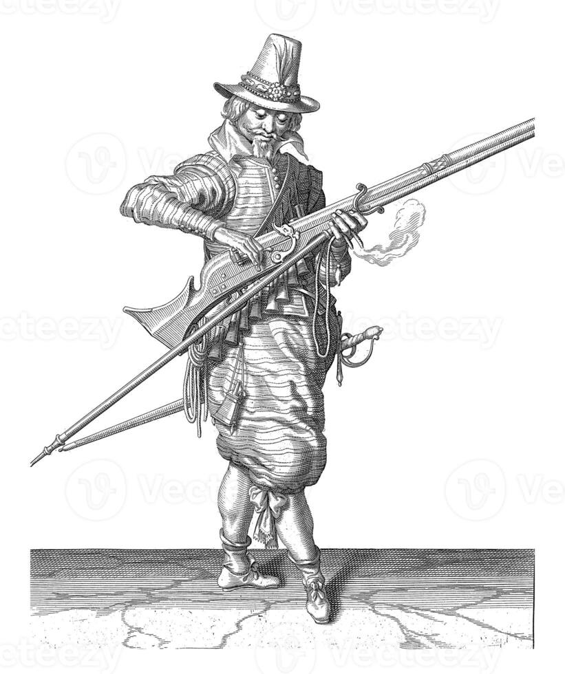 Soldier Closing the Pan of His Musket, vintage illustration. photo