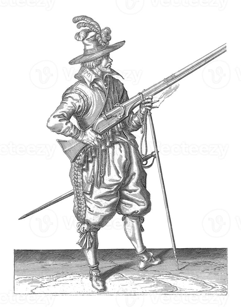 Soldier on Guard Holding His Musket at an Angle Right Side, vintage illustration. photo