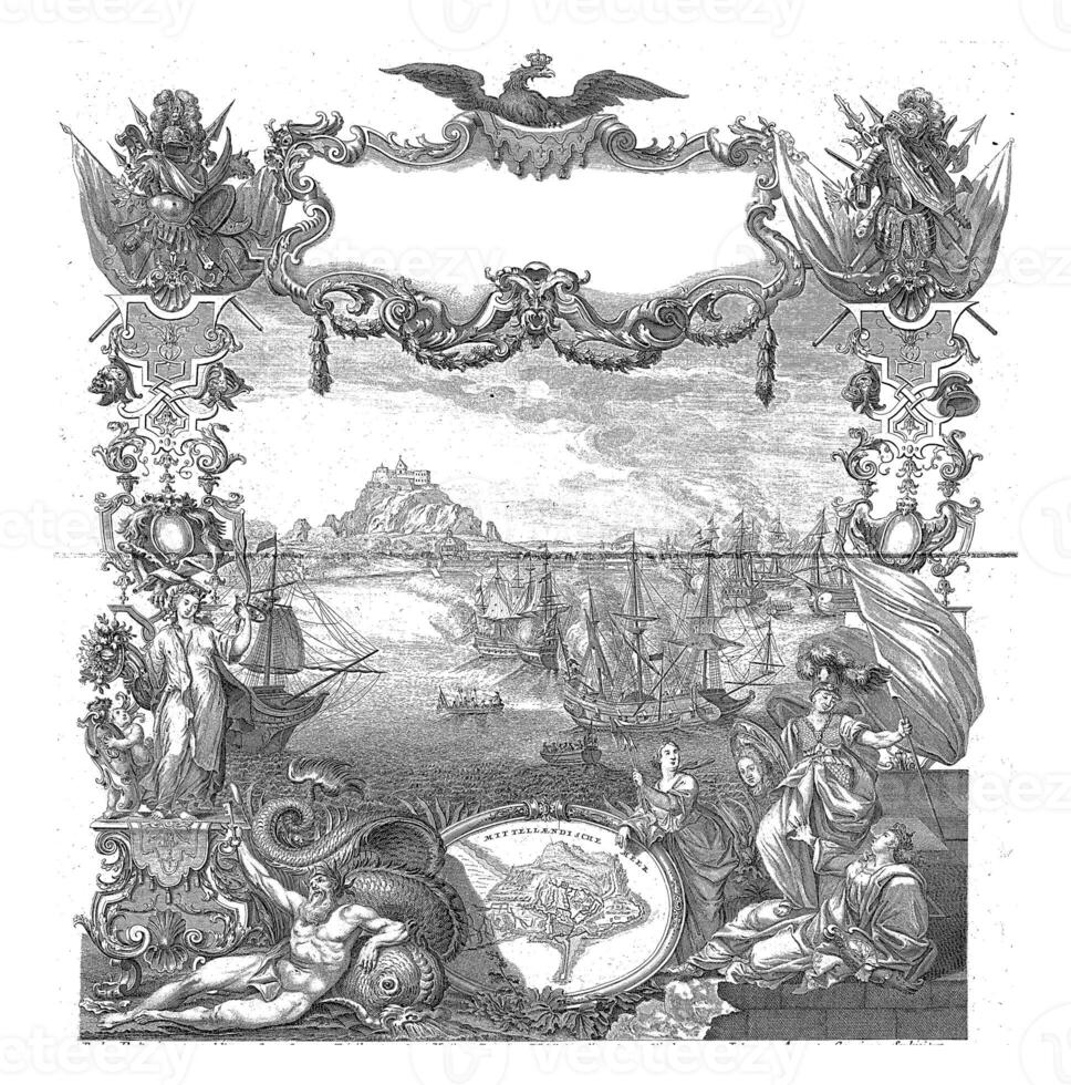 Conquest of Gibraltar, 1704, vintage illustration. photo