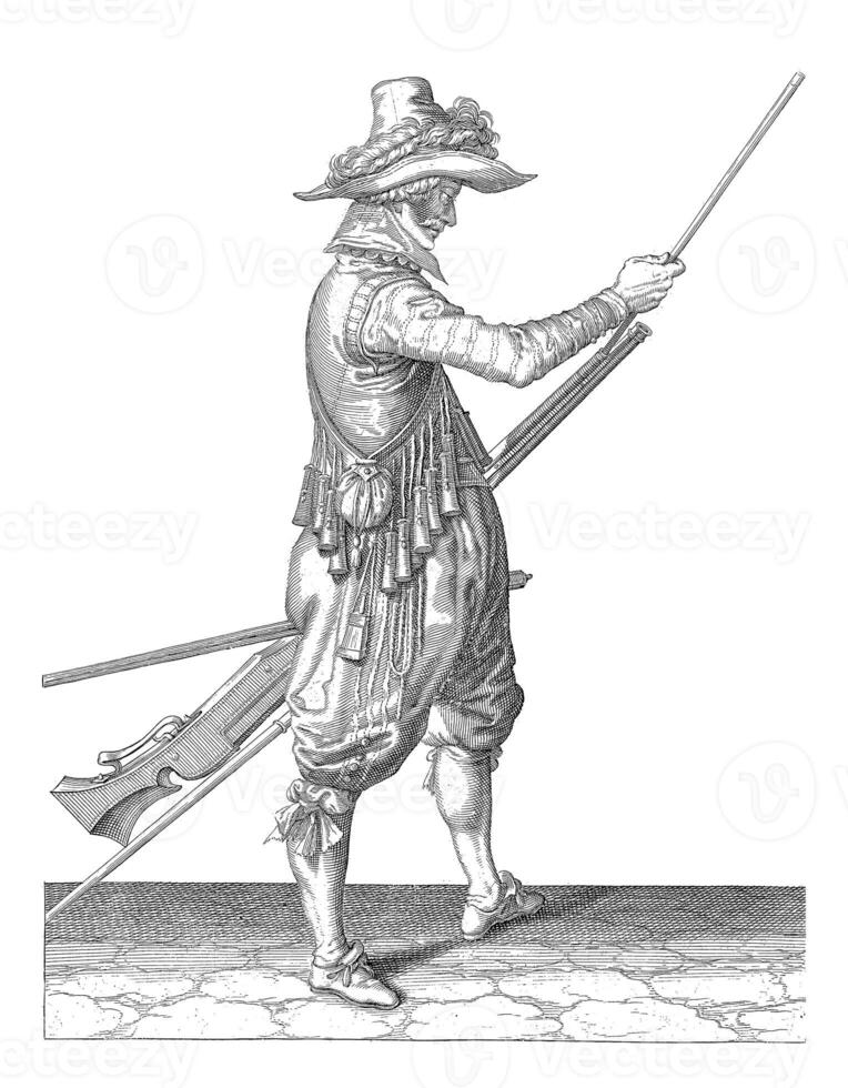 Soldier sliding his ramrod into the holder under the barrel, vintage illustration. photo