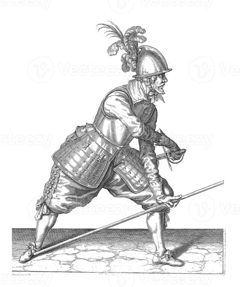 Soldier Placing His Skewer against His Right Foot, vintage illustration. photo