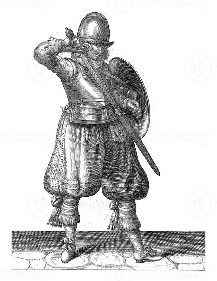 The exercise with shield and spear, Adam van Breen, 1616 - 1618, vintage illustration. photo