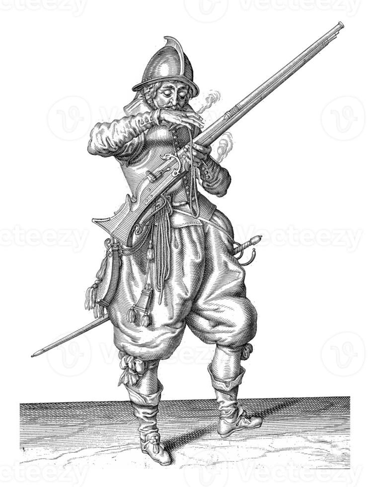 Soldier with a rudder bringing his fuse to his mouth to blow it clean, vintage illustration. photo