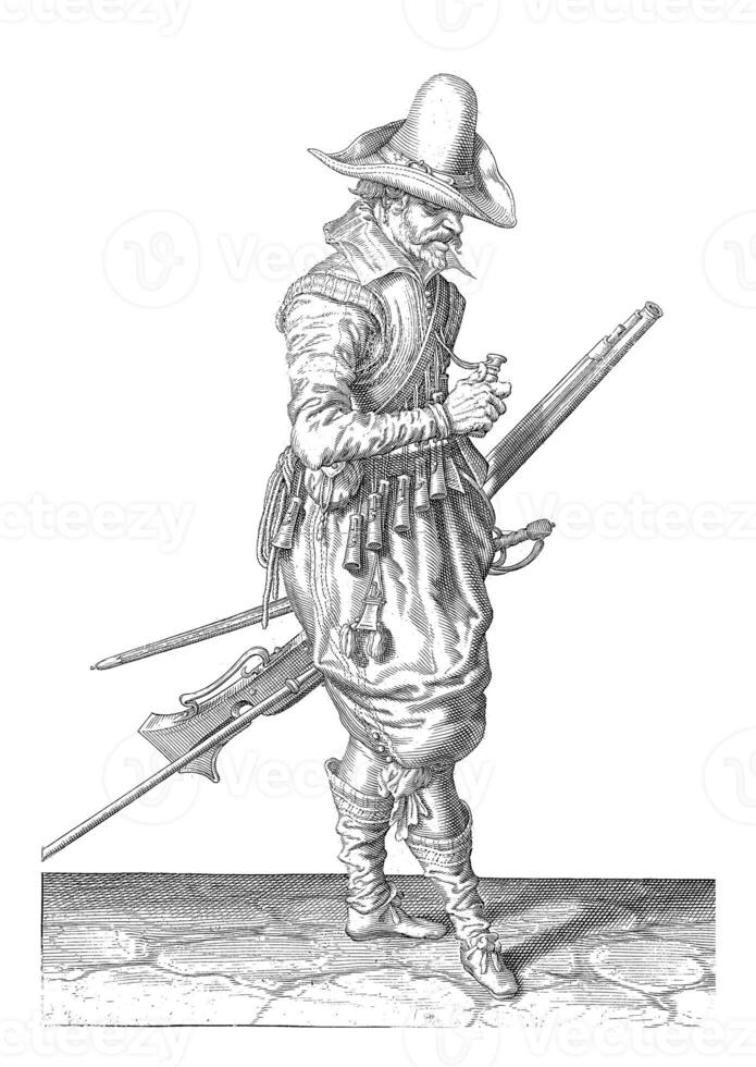 soldado con un mosquete apertura un polvo indicador, Clásico ilustración. foto