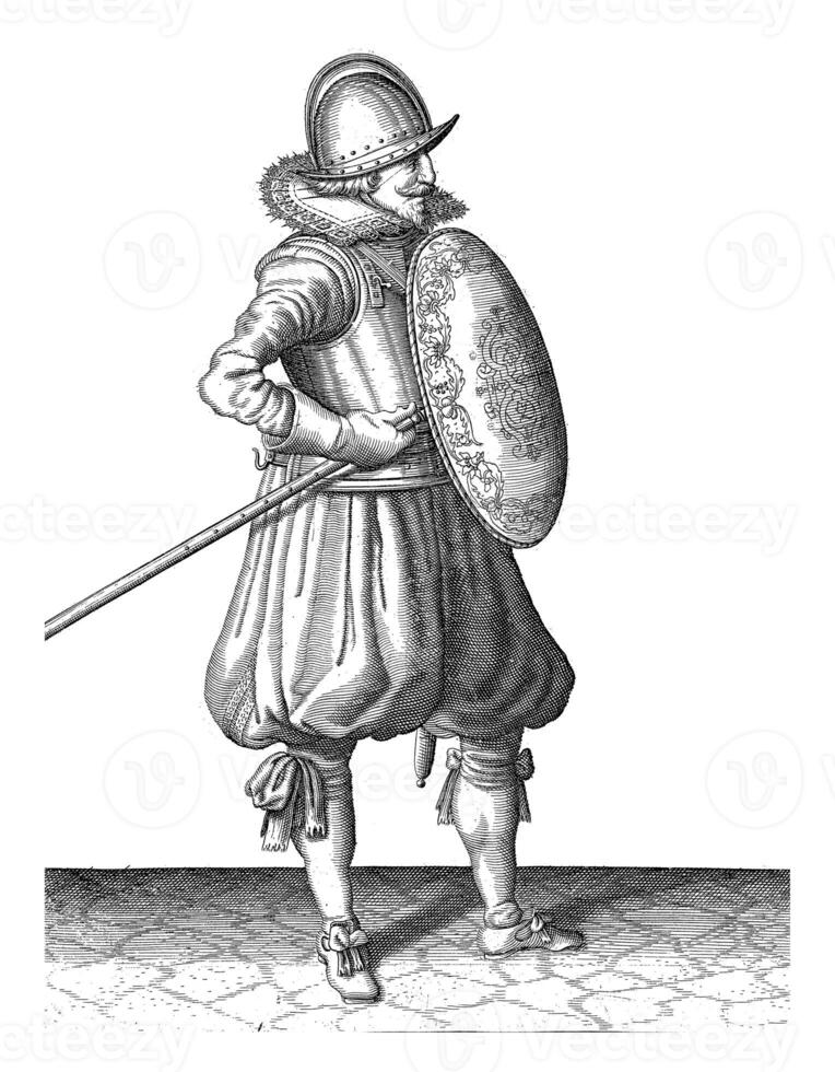 The exercise with shield and spear, Adam van Breen, 1616 - 1618, vintage illustration. photo