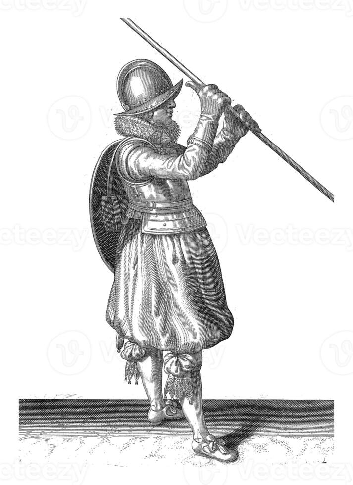 The exercise with shield and spear, Adam van Breen, 1616 - 1618, vintage illustration. photo