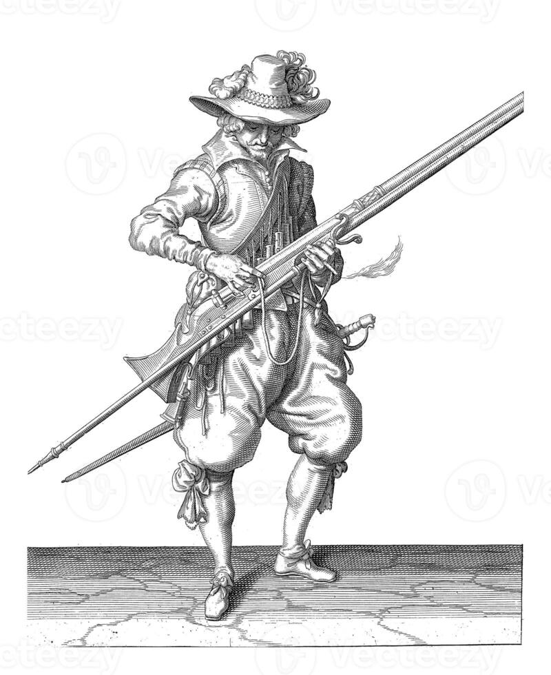 Soldier pressing his fuse on the cock of his musket, vintage illustration. photo