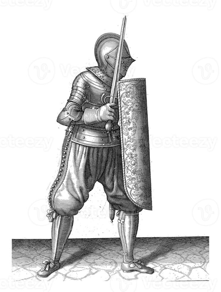 The exercise with the targe and rapier, Adam van Breen, 1616 - 1618, vintage illustration. photo