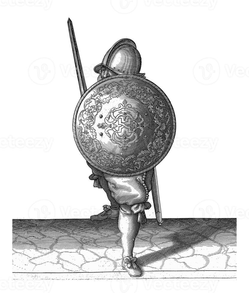 The exercise with shield and spear, Adam van Breen, 1616 - 1618, vintage illustration. photo