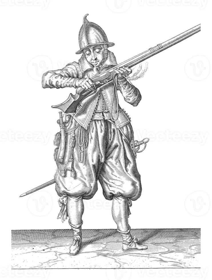 Soldier Blowing Gunpowder From His Rudder, vintage illustration. photo